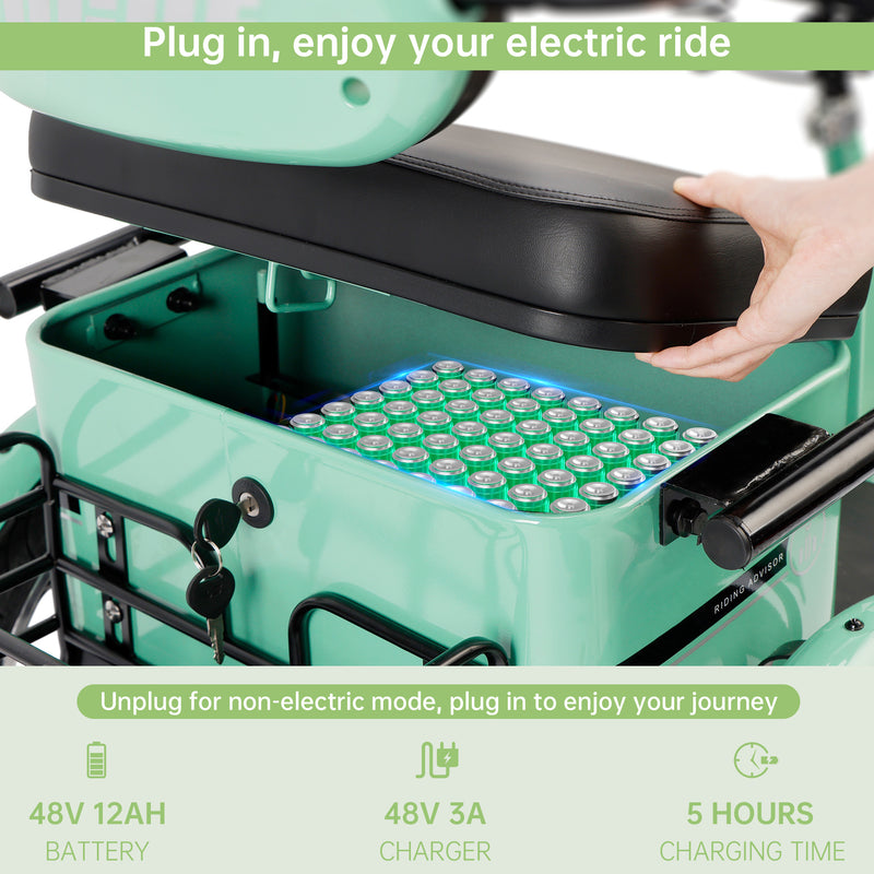 400W 48V 12A Elder Electric folding trike 3 wheel e-bike with Rear Seat Cyan