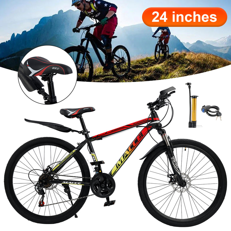 24" Spoke Wheel 24 Speed Mountain Bicycle Adult Bike MTB w/ fender Red+Yellow