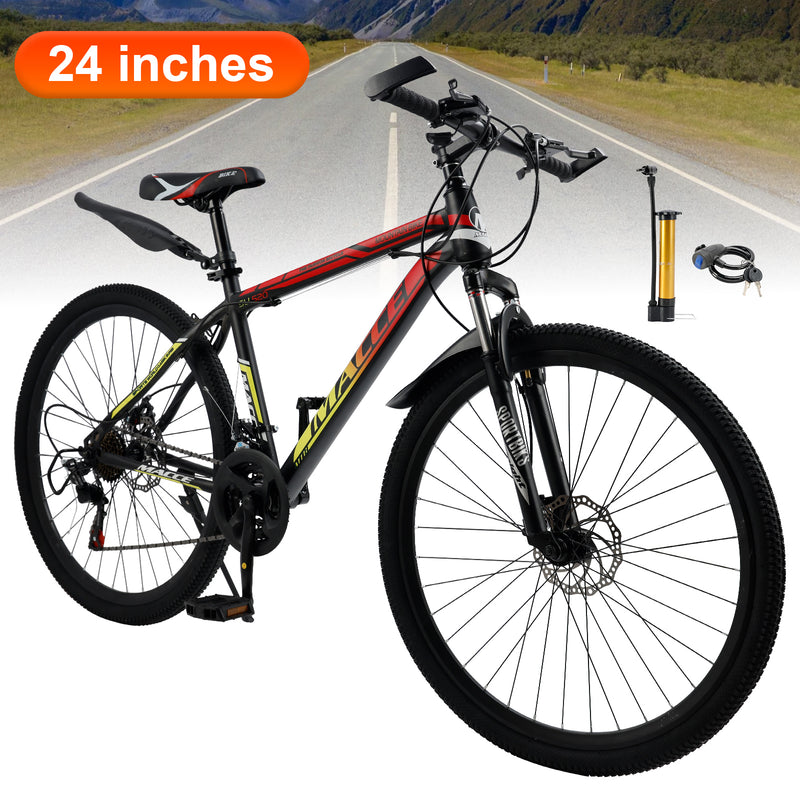 24" Spoke Wheel 24 Speed Mountain Bicycle Adult Bike MTB w/ fender Red+Yellow