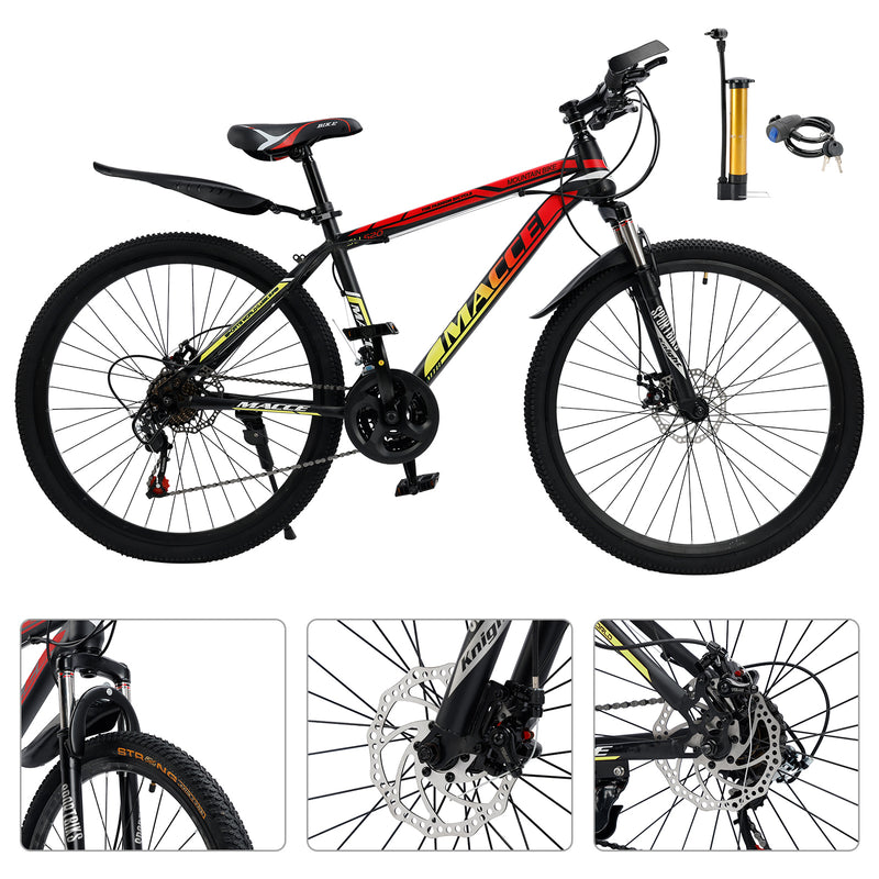 24" Spoke Wheel 24 Speed Mountain Bicycle Adult Bike MTB w/ fender Red+Yellow