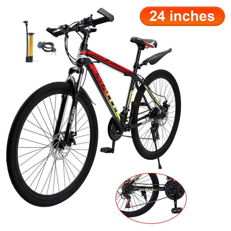24" Spoke Wheel 24 Speed Mountain Bicycle Adult Bike MTB w/ fender Red+Yellow