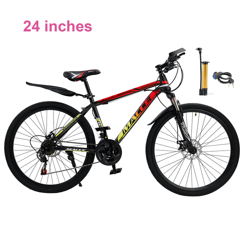 24" Spoke Wheel 24 Speed Mountain Bicycle Adult Bike MTB w/ fender Red+Yellow