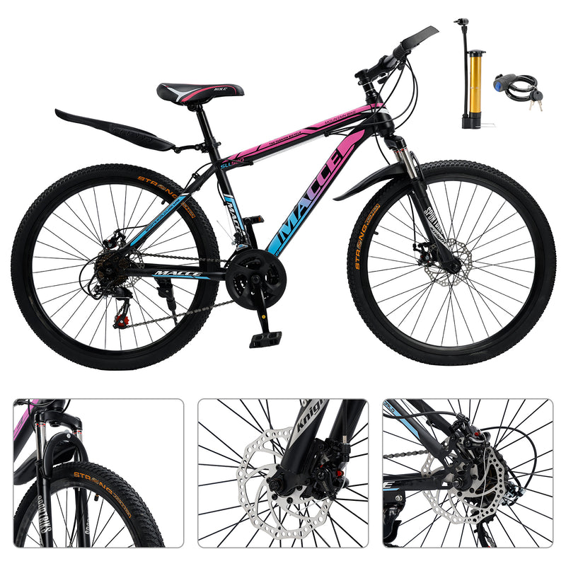 26" Spoke Wheel 24 Speed Mountain Bicycle Adult Bike MTB w/ fender Blue+Pink