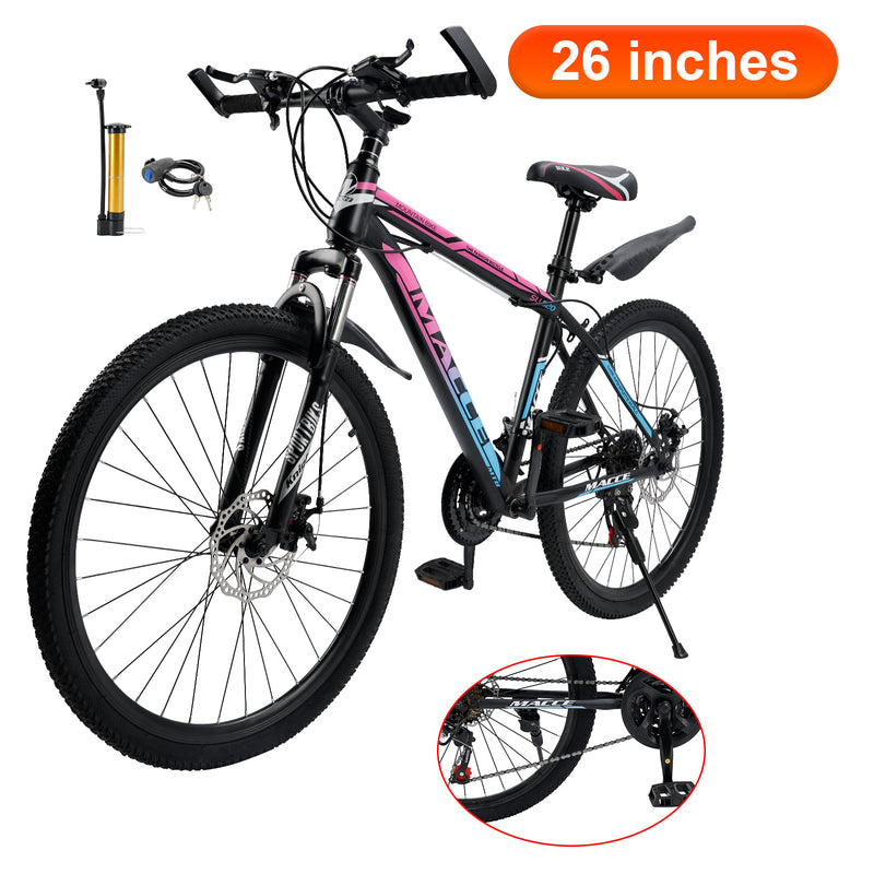 26" Spoke Wheel 24 Speed Mountain Bicycle Adult Bike MTB w/ fender Blue+Pink