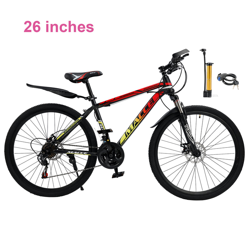 26" Spoke Wheel 24 Speed Mountain Bicycle Adult Bike MTB w/ fender Red+Yellow