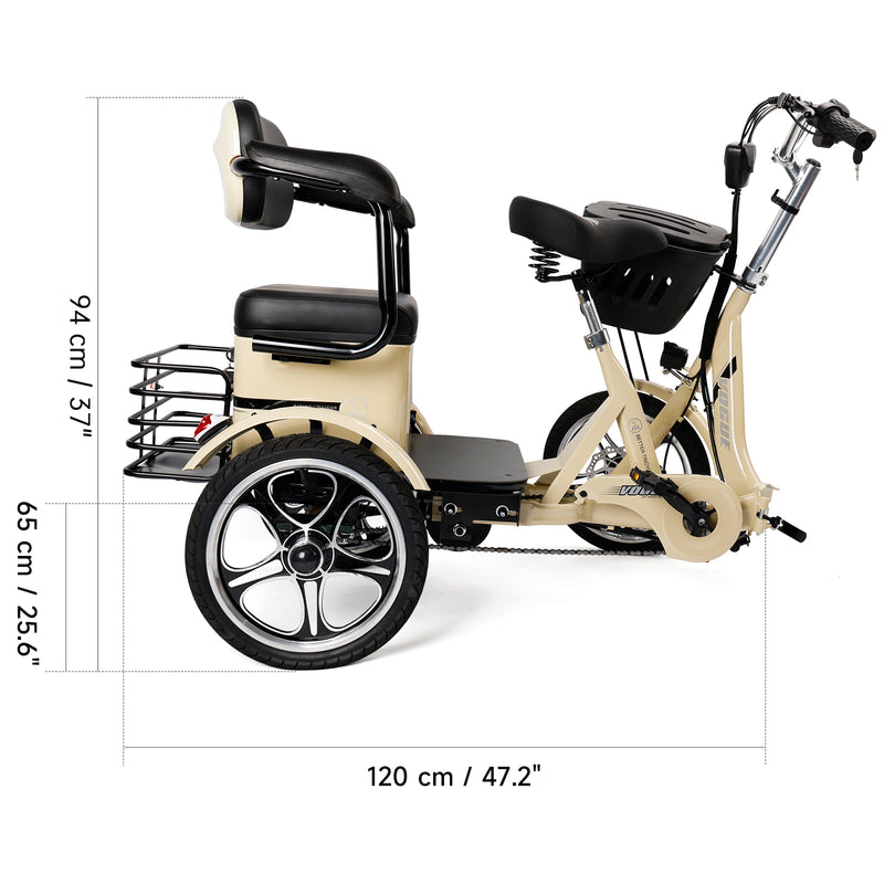 400W 48V 12A Elder Electric folding trike 3 wheel e-bike with Rear Seat Cream