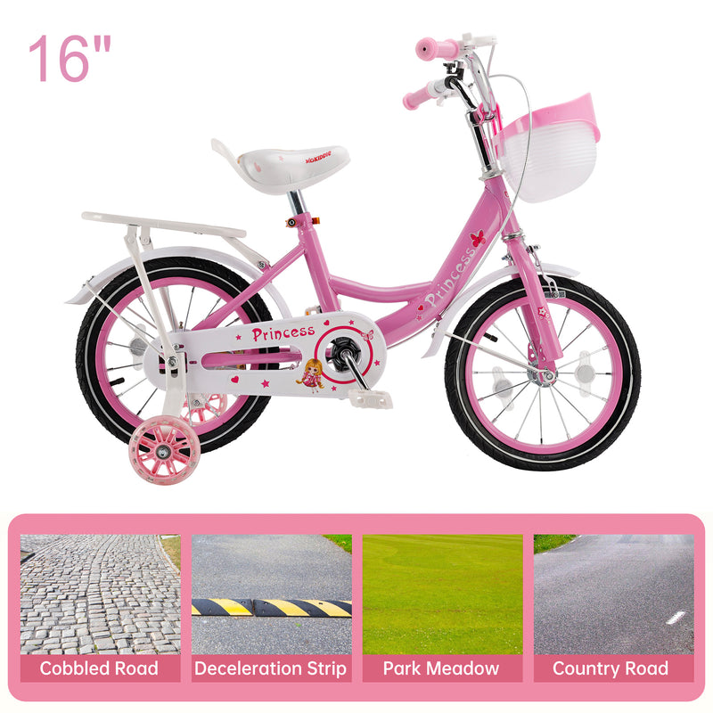 16" Kids Bicycle Girls Bike with Training Wheels Basket Kickstand Pink