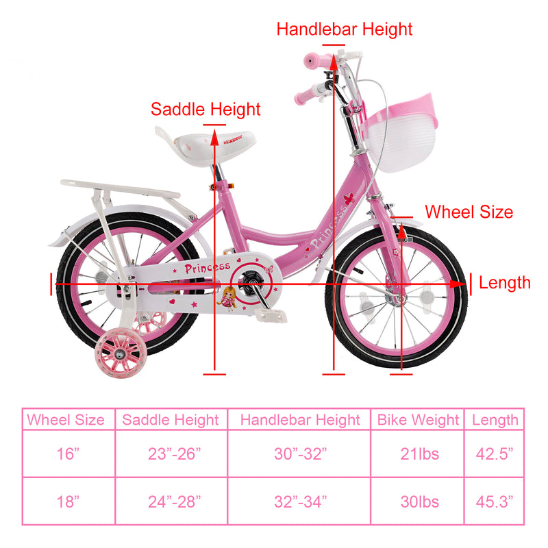 16" Kids Bicycle Girls Bike with Training Wheels Basket Kickstand Pink