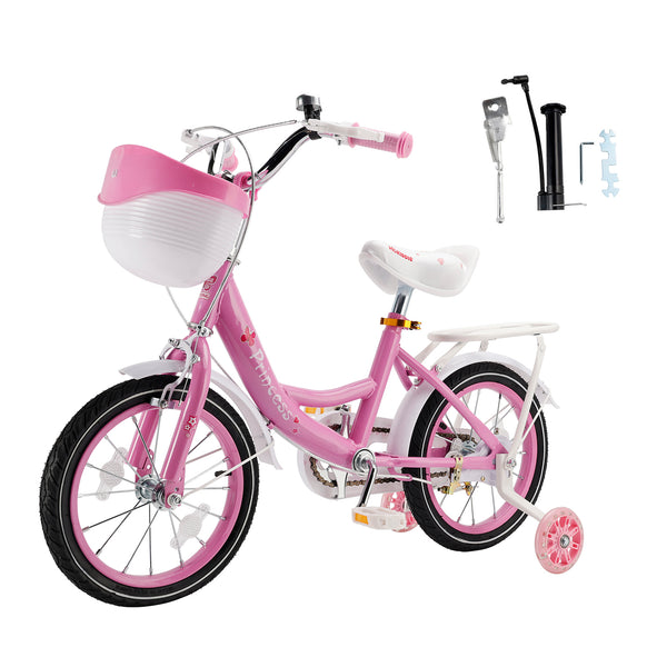 16" Kids Bicycle Girls Bike with Training Wheels Basket Kickstand Pink