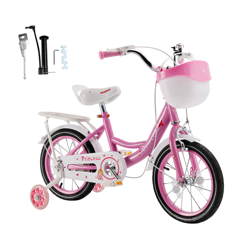 16" Kids Bicycle Girls Bike with Training Wheels Basket Kickstand Pink
