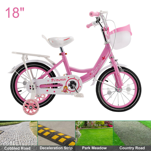 18" Children Princess Bicycle Girls Bike with Training Wheels Basket Pink