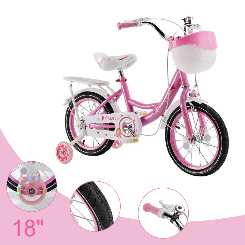 18" Children Princess Bicycle Girls Bike with Training Wheels Basket Pink