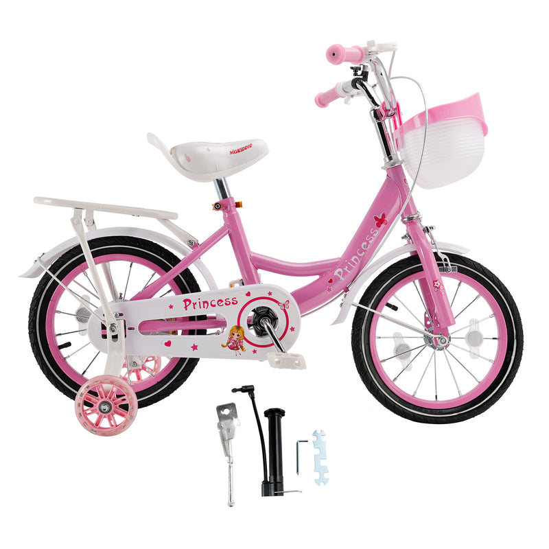 18" Children Princess Bicycle Girls Bike with Training Wheels Basket Pink