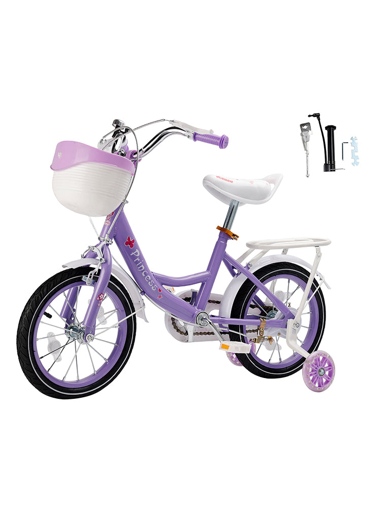 16" Kids Bicycle Girls Bike with Training Wheels Basket Kickstand Purple