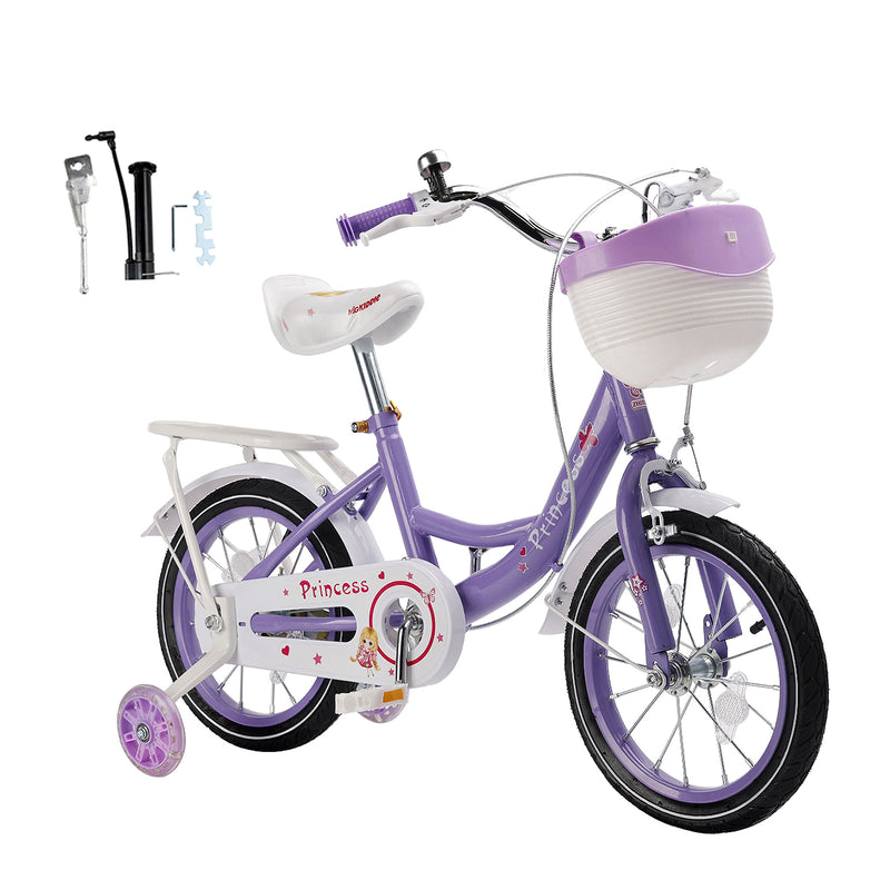 16" Kids Bicycle Girls Bike with Training Wheels Basket Kickstand Purple