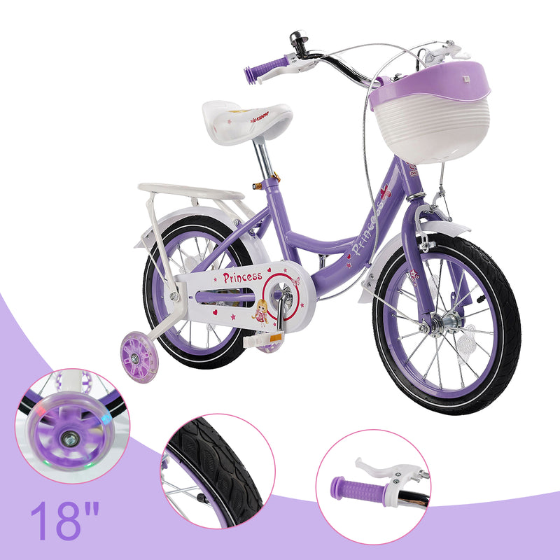 18" Children Princess Bicycle Girls Bike with Training Wheels Basket Purple