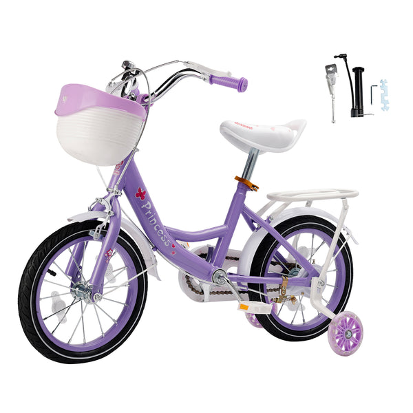 18" Children Princess Bicycle Girls Bike with Training Wheels Basket Purple