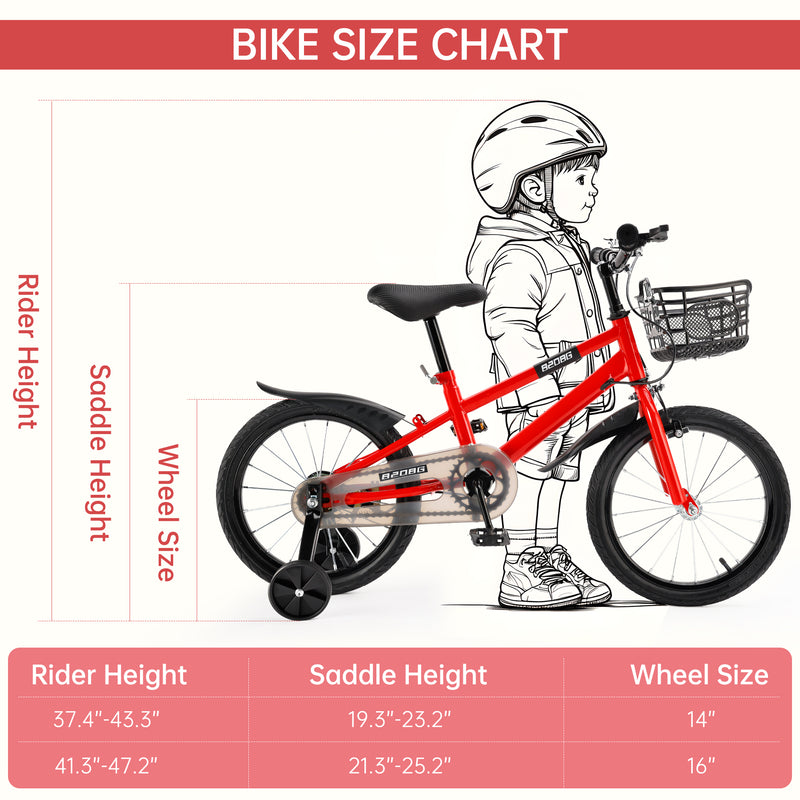 16" Children Bicycle Toddlers Bike with Training Wheels Basket Kickstand Red