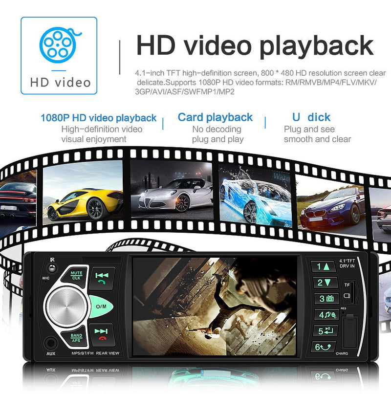 1DIN 4.1in Car Radio Stereo Bluetooth FM USB AUX Audio MP5 Player + Camera