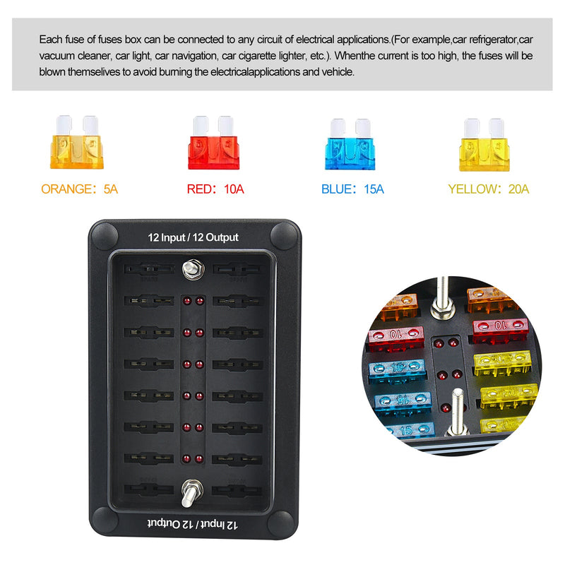 6/12 Way Blade Fuse Box Block Holder ATO ATC for Car Marine Boat RV Waterproof Generic