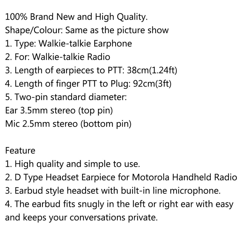 D EarPiece Headset Mic for Motorola 2-Pin CLS1110 CP100 Kenwood Baofeng Radio