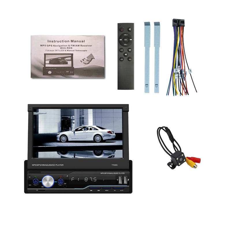 7" Telescopic Screen Stereo Radio BT FM Car MP5 Player Remote Control + Camera
