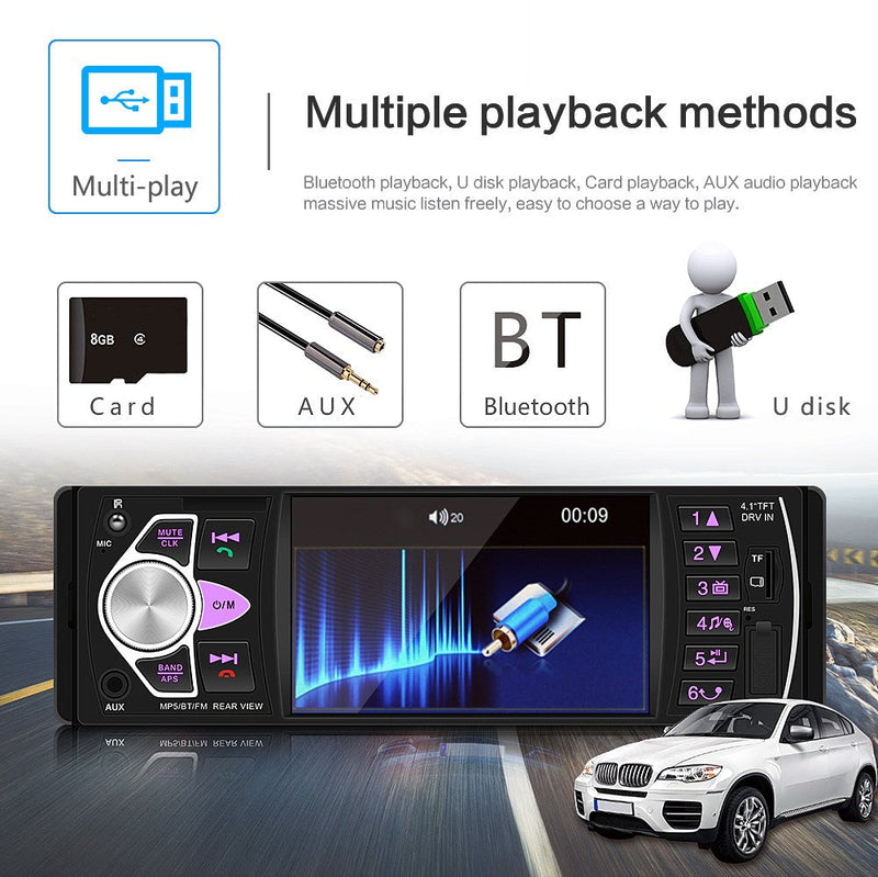 1DIN 4.1in Car Radio Stereo Bluetooth FM USB AUX Audio MP5 Player + Camera