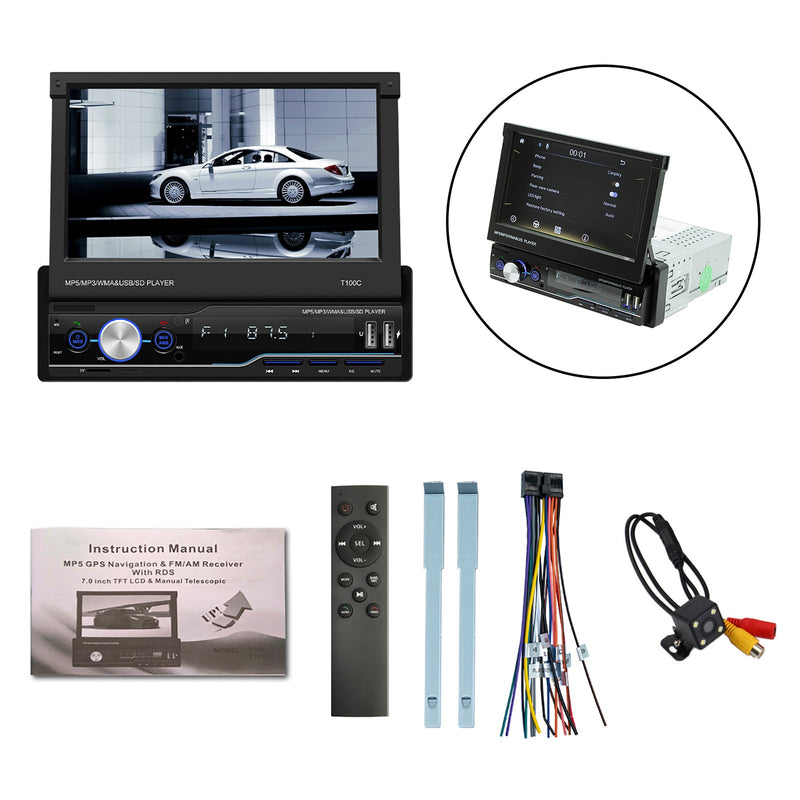 7" Telescopic Screen Stereo Radio BT FM Car MP5 Player Remote Control + Camera