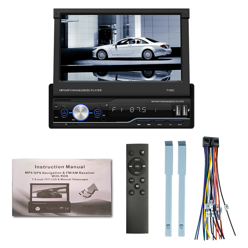 7" Telescopic Screen Stereo Radio BT FM Car MP5 Player Remote Control + Camera