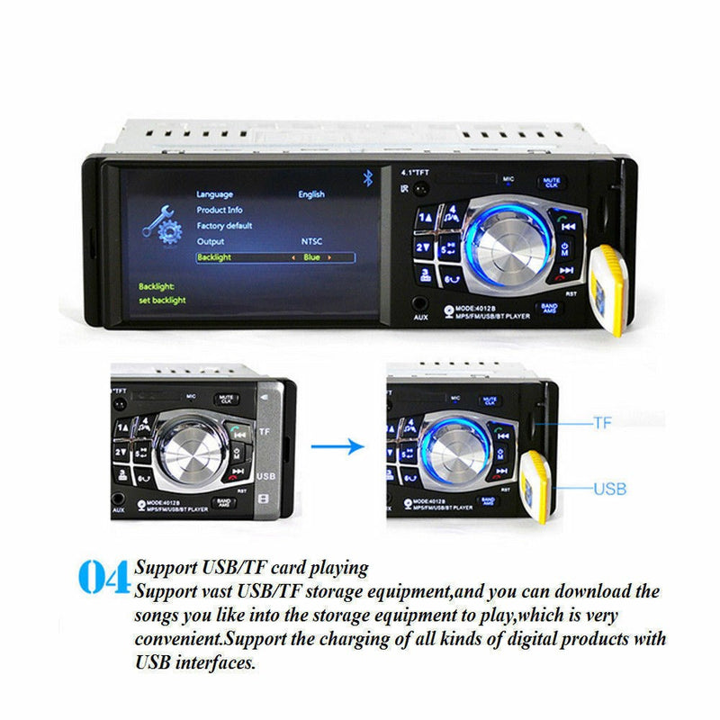 4.1 Inches HD 1DIN Bluetooth In-Dash Car Stereo Radio MP5 Player FM with Camera